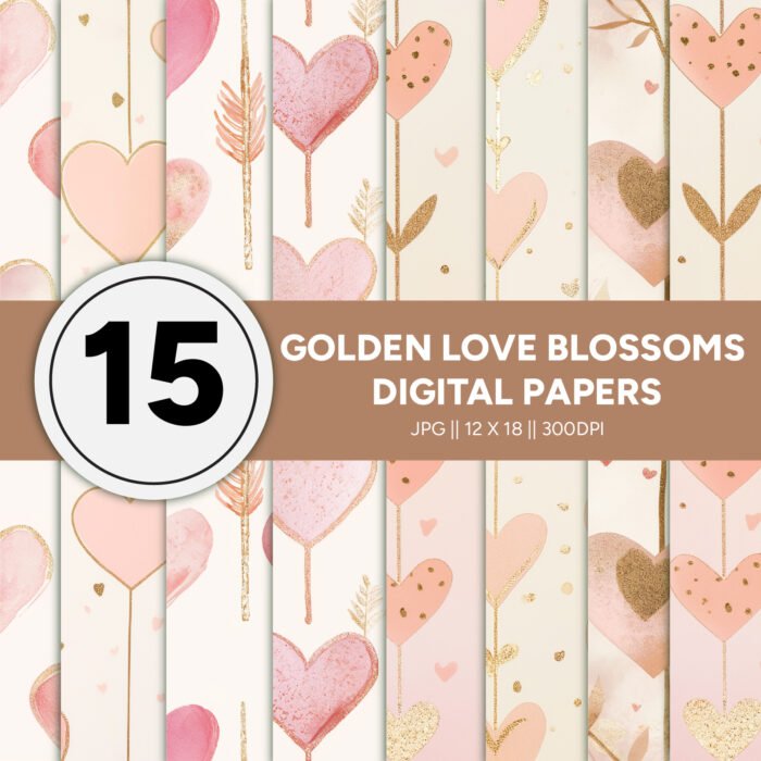 Thumbnail_1 (5) Golden Love Blossom - Valentine's Day Digital Paper Patterns Collection: Perfect for Romantic Crafts and Projects | Junk Journal Paper - Image 1