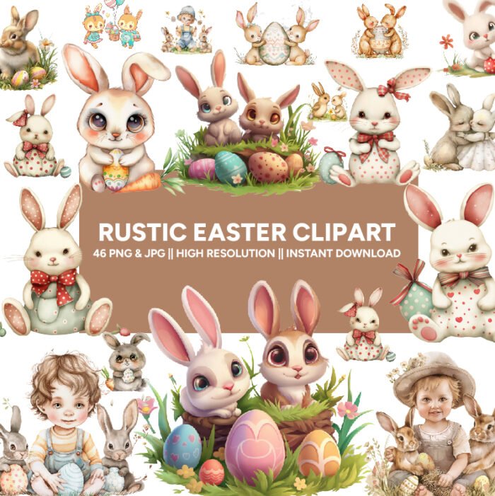 Thumbnail_1 Rustic Easter Bunny Clipart Collection: Charming Illustrations for Your Easter Projects - Image 1
