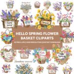 Hello Spring Flower Basket Clipart Bundle | 60 Cheerful and Colorful Spring Flower Illustrations | High-Resolution PNG & JPG
