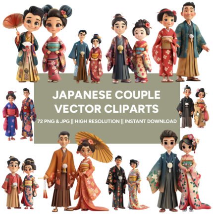 Japanese Couple Vector Clipart Bundle | 72 Traditional Japanese Attire Illustrations | High-Resolution PNG & JPG | Instant Download