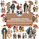 Japanese Couples Clipart Collection: 58 High-Resolution Traditional Illustrations in Kimonos, Hakamas & more