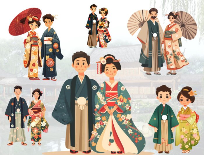 Thumbnail_2 Japanese Couples Clipart Collection: 58 High-Resolution Traditional Illustrations in Kimonos, Hakamas & more - Image 2