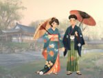 Japanese Couples Clipart Collection: 58 High-Resolution Traditional Illustrations in Kimonos, Hakamas & more - Image 7